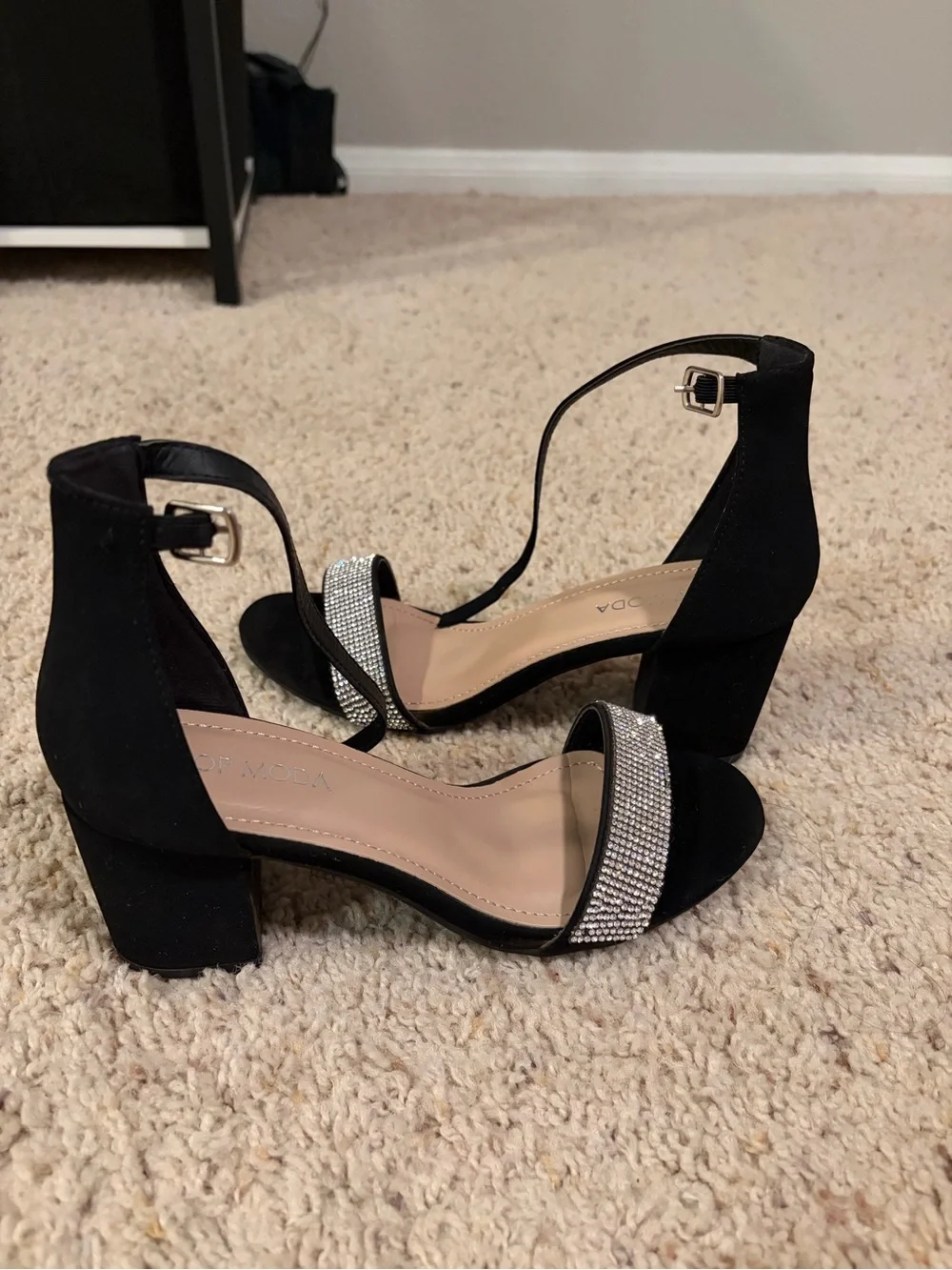 TOP Moda Black Ankle-Strap Heels with Rhinestone Front Band